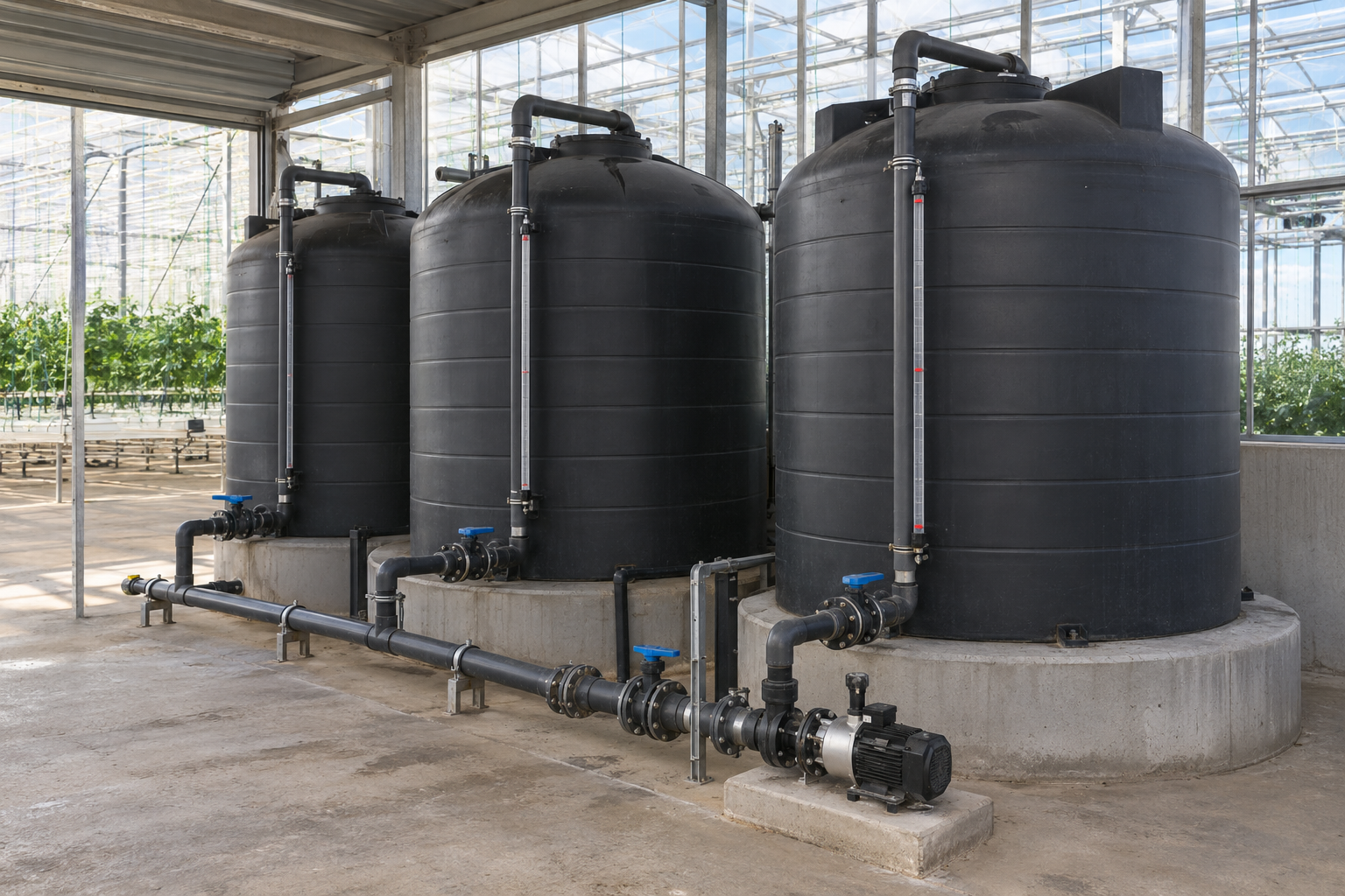 Black storage tanks with pipework and a pump inside a greenhouse