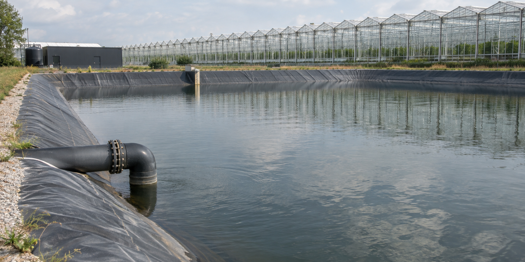 Lined water basin with a supply pipe next to a greenhouse complex