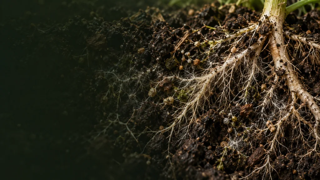 Plant roots with fine root hairs in dark, crumbly soil