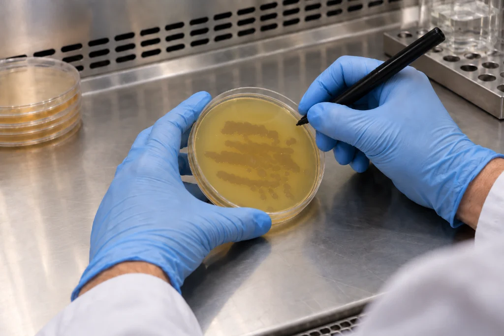 Examen d’une boîte de Petri avec des colonies bactériennes sous une hotte à flux laminaire