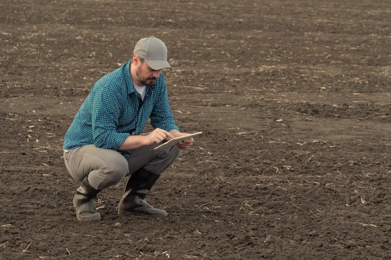 Grower crouching on a tilled field while checking a tablet
