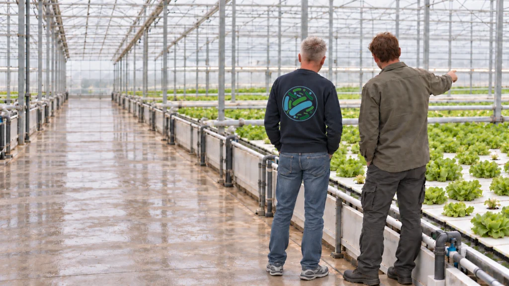BIOMICROBES advisor talking with a professional grower in a greenhouse with hydroponic lettuce
