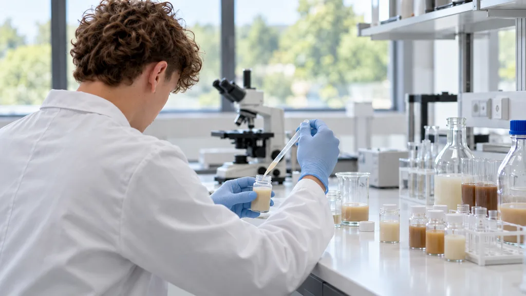 Laborant pipetteert een vloeibaar monster aan een labwerkbank met kleine sampleflessen