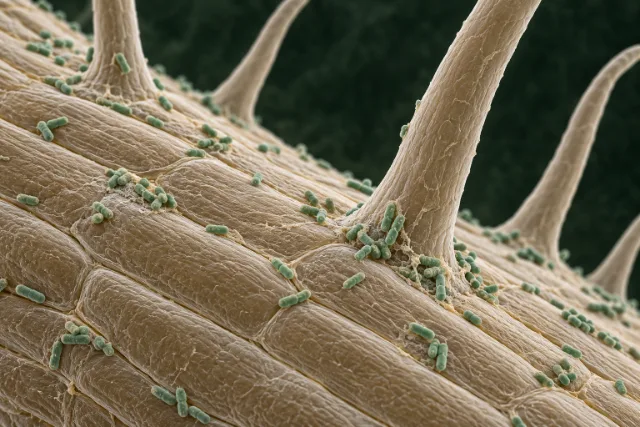 Illustration of rod-shaped bacteria on the root surface between root hairs