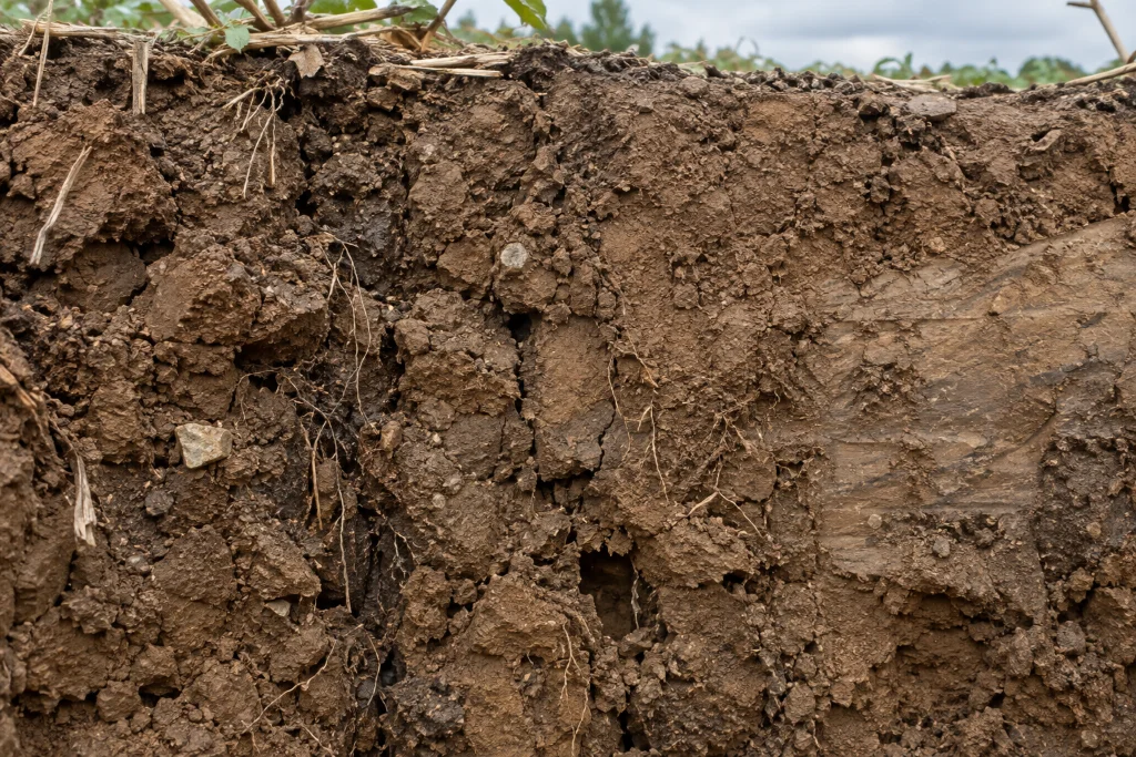 Cross-section of clay and loam soil with natural aggregates and roots