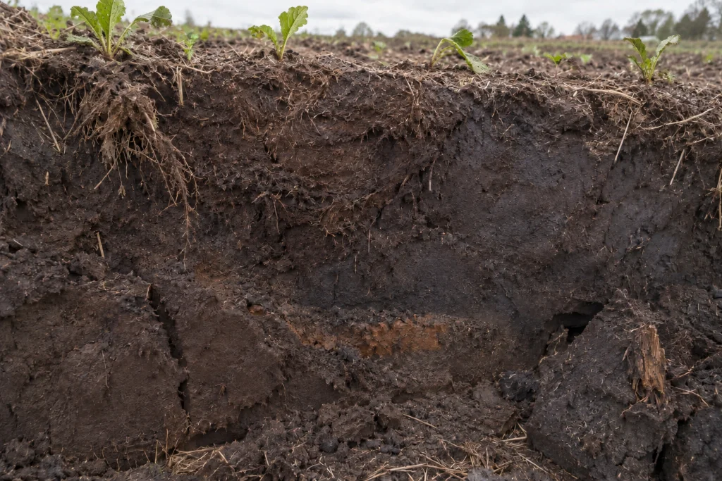 Cross-section of dark, organic-rich soil with plant residues and roots