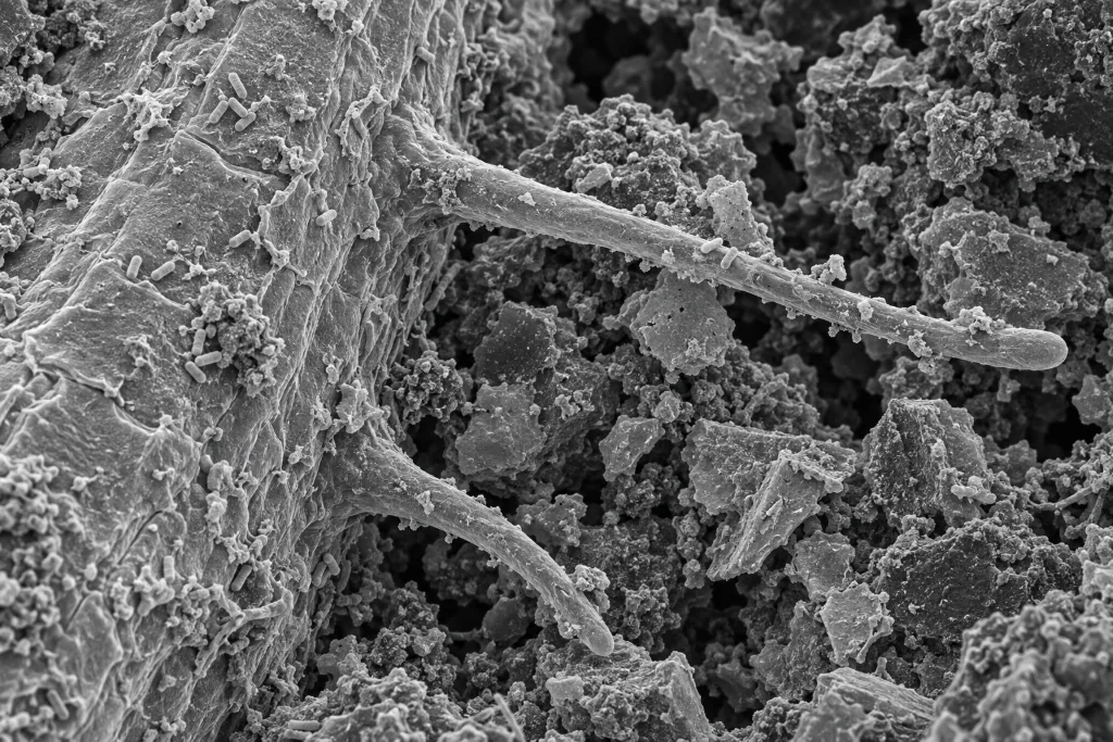 Black-and-white illustration in electron-microscope style: a root with root hairs and rod-shaped bacteria among soil particles