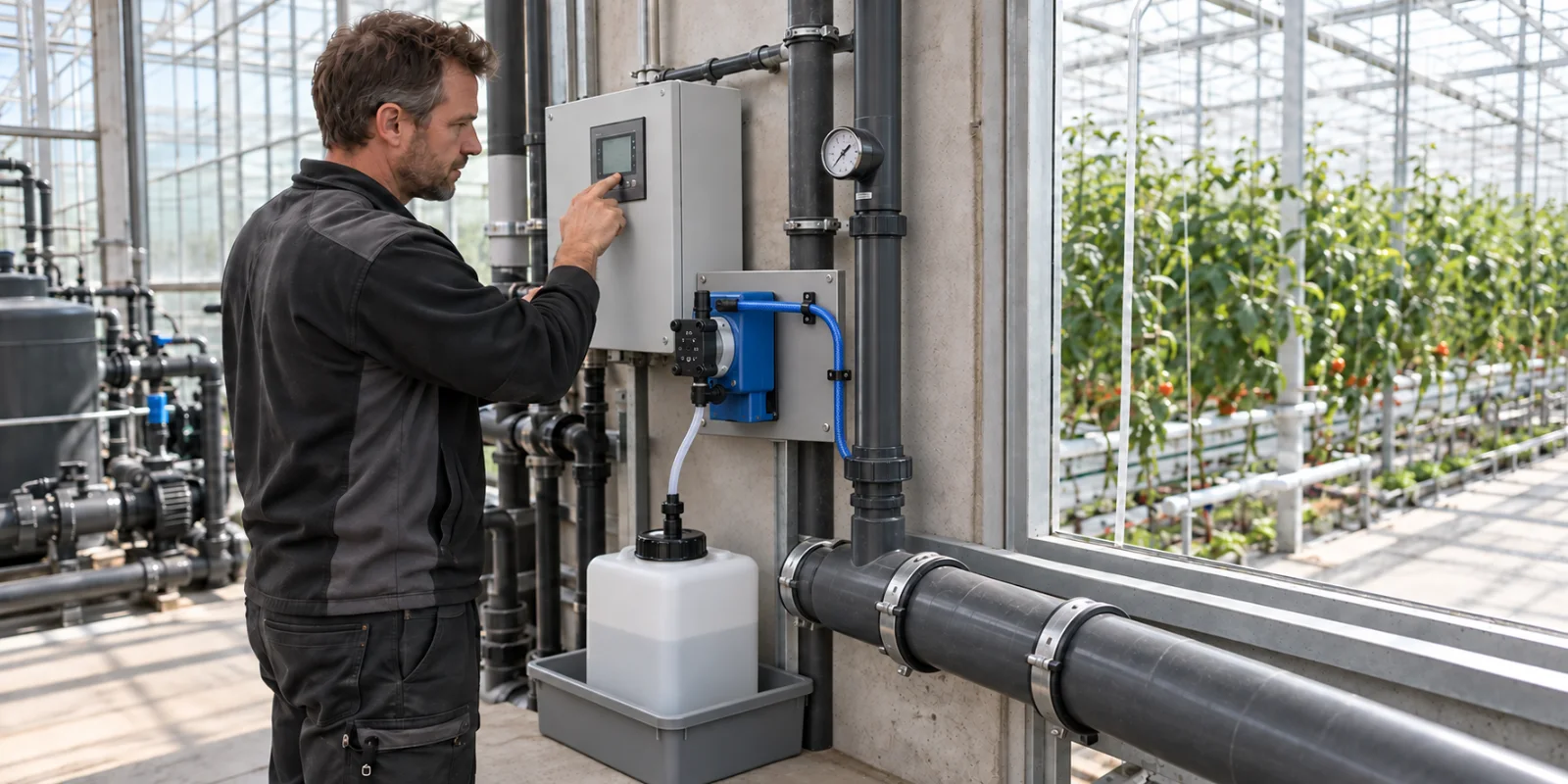 Grower operating a dosing unit with control cabinet and stock tank beside the pipework in a greenhouse