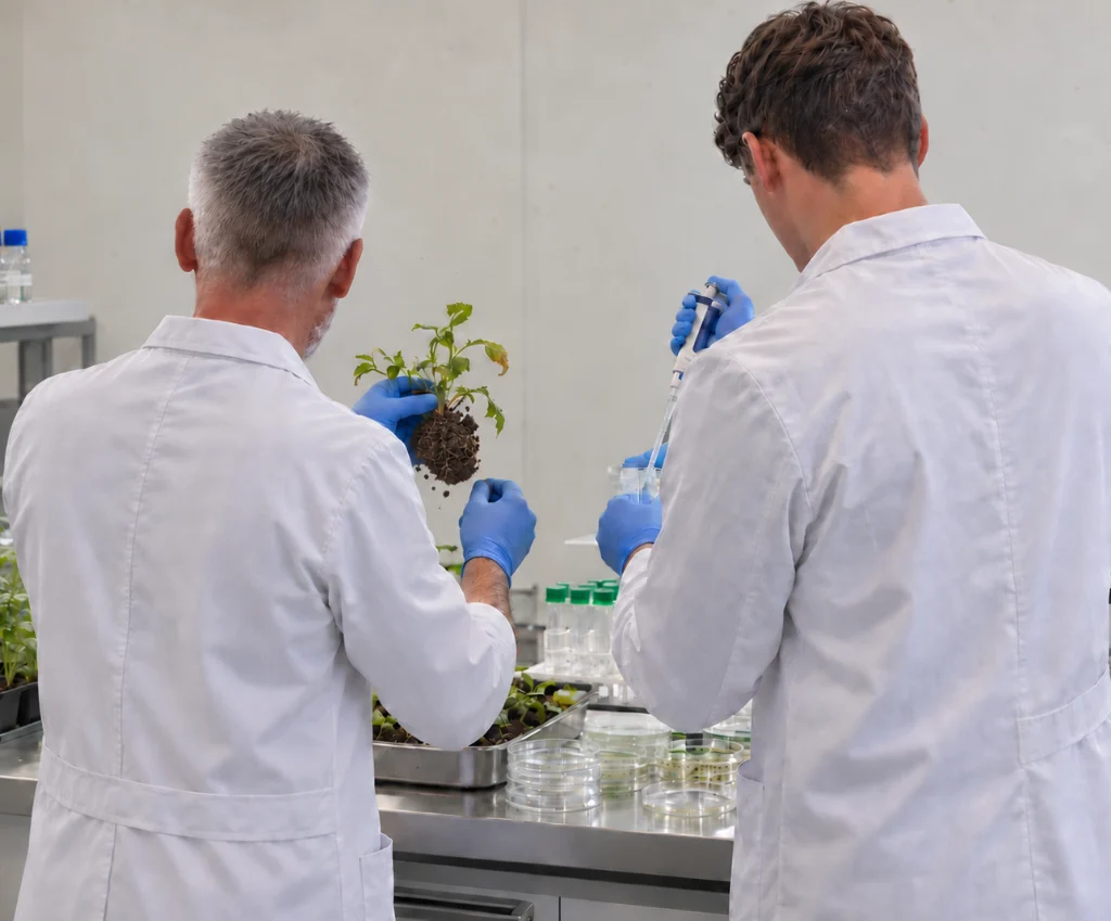 Two researchers examining a plant root ball and microbial samples in the laboratory