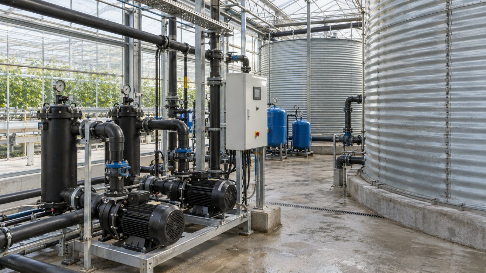 Pompinstallatie met filters, leidingen en wateropslagtanks in een kas