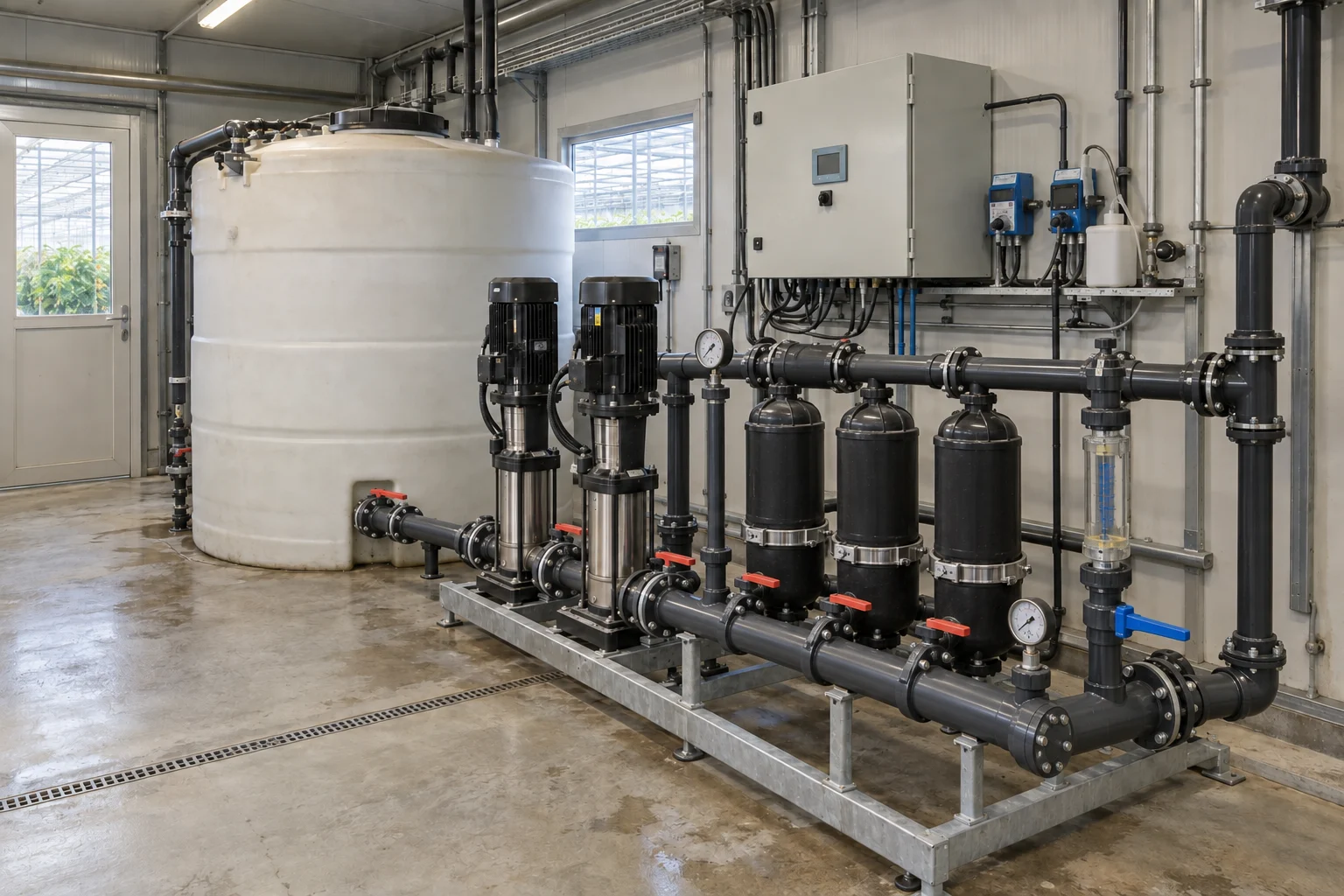 Salle technique d’eau d’une serre avec réservoir, pompes, filtres et équipement de dosage