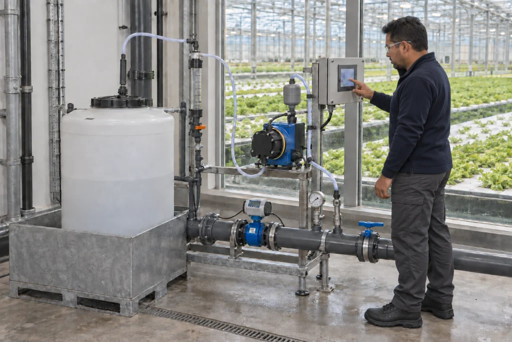 Grower operating the control unit of a dosing installation beside a storage tank and water main in the greenhouse