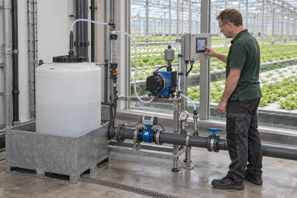 Teler bedient de regelunit van een doseerinstallatie bij een voorraadvat en waterleiding in de kas