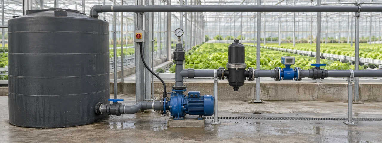 Reservoir with pump, filter and pipework beside growing gutters with leafy crop in a greenhouse
