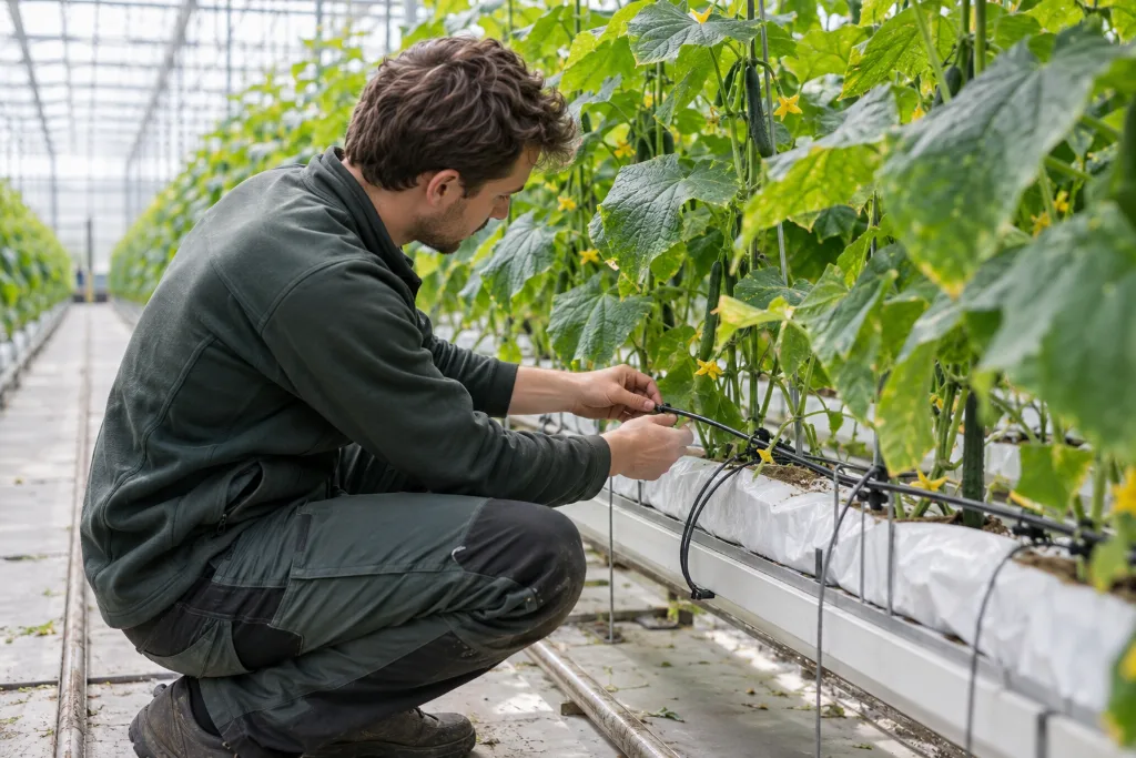 Producteur vérifiant les goutteurs auprès de plants de concombre dans une serre