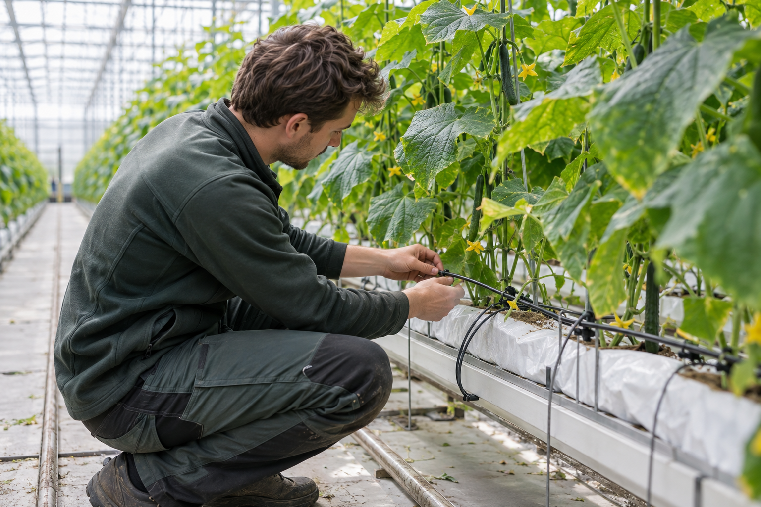Producteur vérifiant les goutteurs auprès de plants de concombre dans une serre