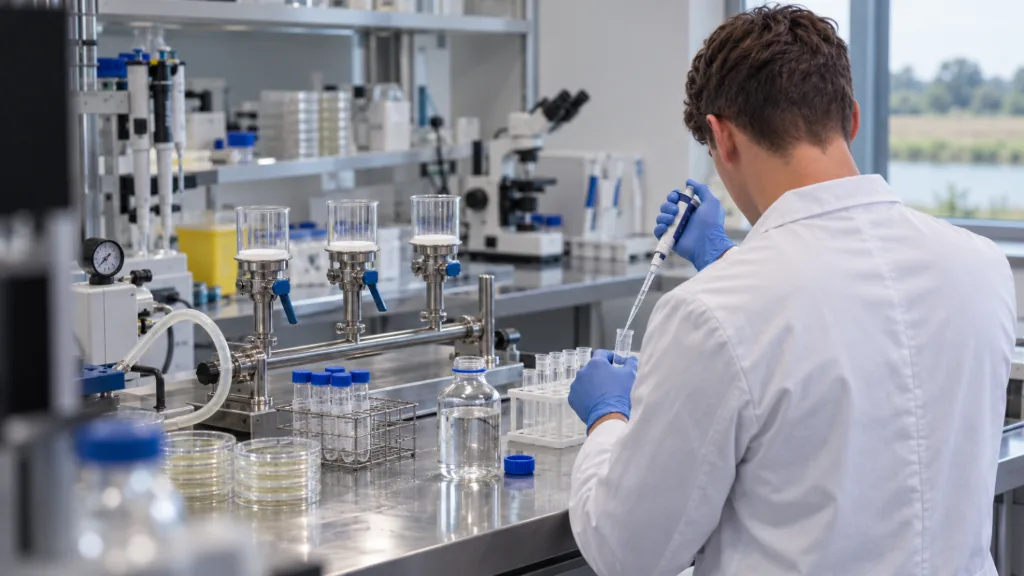 Technicien de laboratoire pipetant des échantillons d’eau près d’un appareil de filtration et de boîtes de Petri