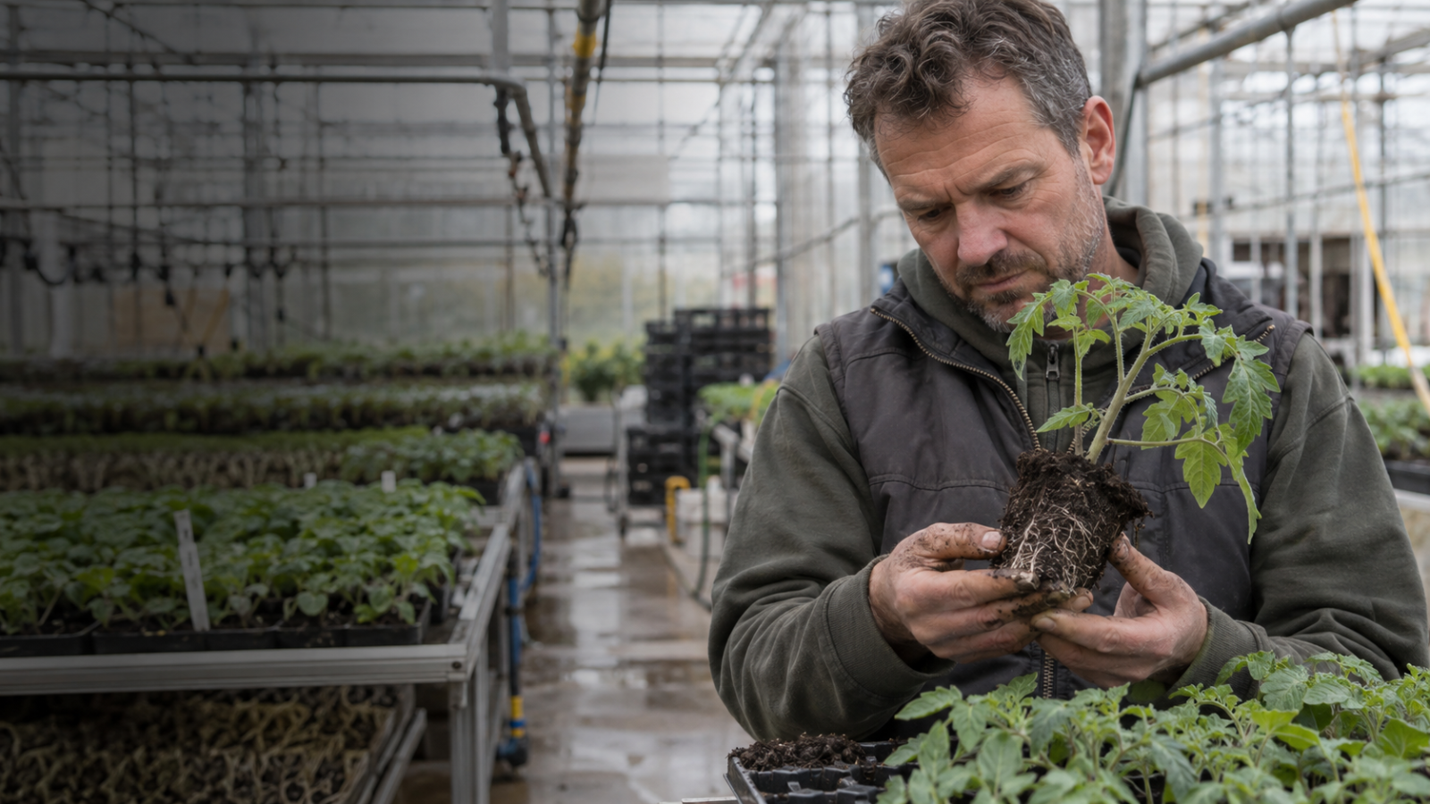 Grower inspecting the root ball of a young plant in a greenhouse.